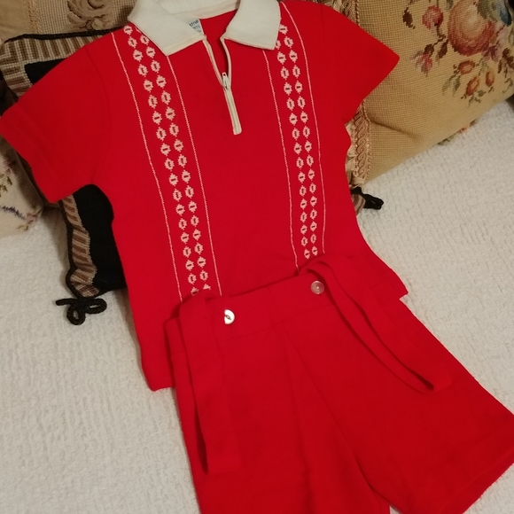 5/$20 SALE Red Creative Knits by Sternberg vintage suspenders 50s / 60s romper - Picture 6 of 13